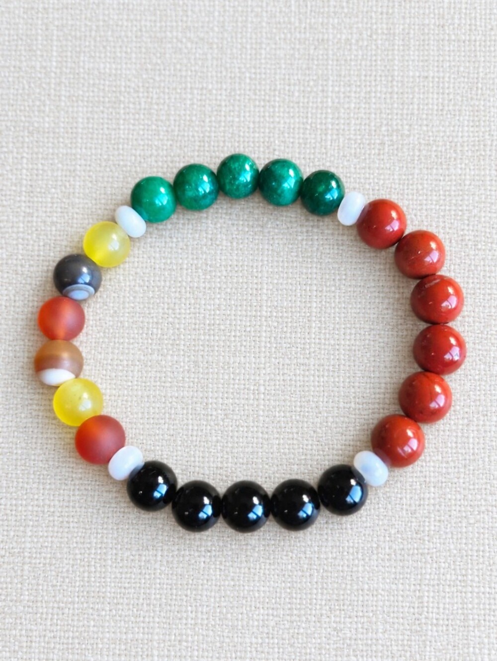 Green Jade, Red Jasper & Black Onyx Gemstone Stretch Bracelet | 7.5"